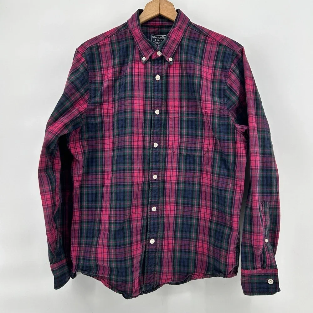 Abercrombie Fitch Shirt Mens L Red‎ Green Plaid Dadcore Preppy